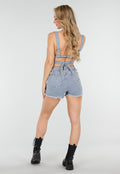 Blauwe Denim Set met Cut-Out Bustier en High Waist Short