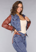 Denim Flared Two Piece met Bruine Lederlook Details