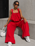Rode Stretch Two Piece Set met Mouwloze Top en Wide Leg Broek