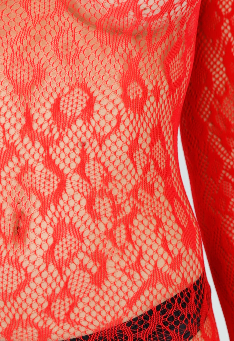 Rode Mesh Bodystocking met Open Rug en Stretch