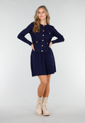 Donkerblauwe Geribde Stretch Two Piece met Goudkleurige Knopen en Plooirok