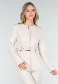Crèmekleurige Two-Piece Set met Tailleceintuur en Rechte Broek
