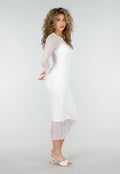 Witte Kanten Midi Jurk met Lange Mouwen en Stretch