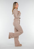 Beige Gebreide Wikkeltop met Strikceintuur en Lange Mouwen