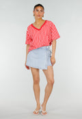 Roze Rode Gestreepte Oversized T-shirt met V-hals