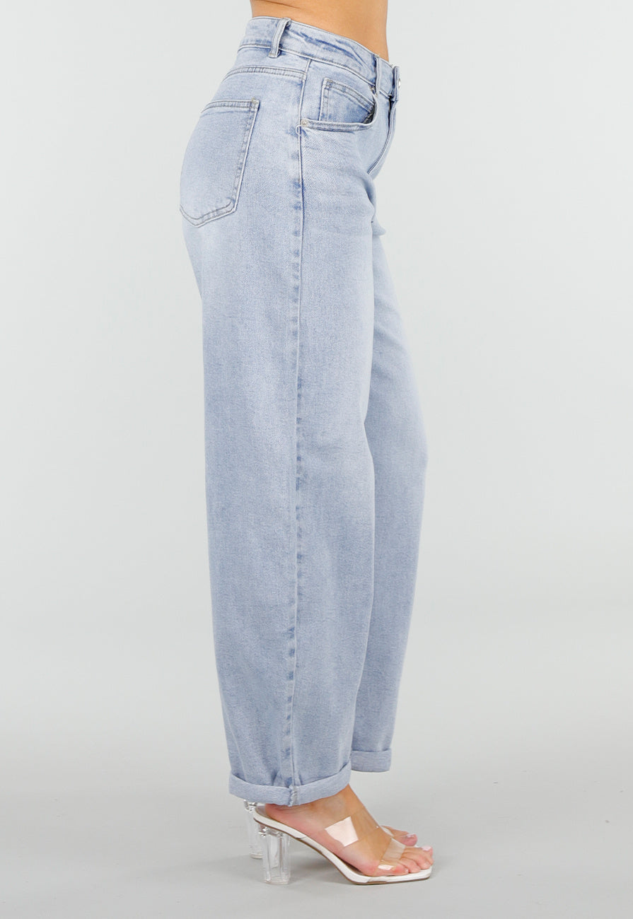 Lichtblauwe Barrel Jeans met Hoge Taille