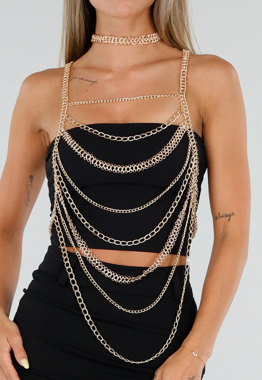 Goudkleurige Bodychain met Choker en Verstelbare Rugsluiting