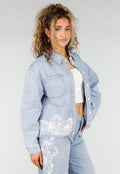 Lichtblauwe Denim Blouse met Kant en Knopen