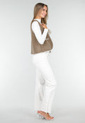 Bruin Teddy Gilet met Witte Randen en Knoopsluiting