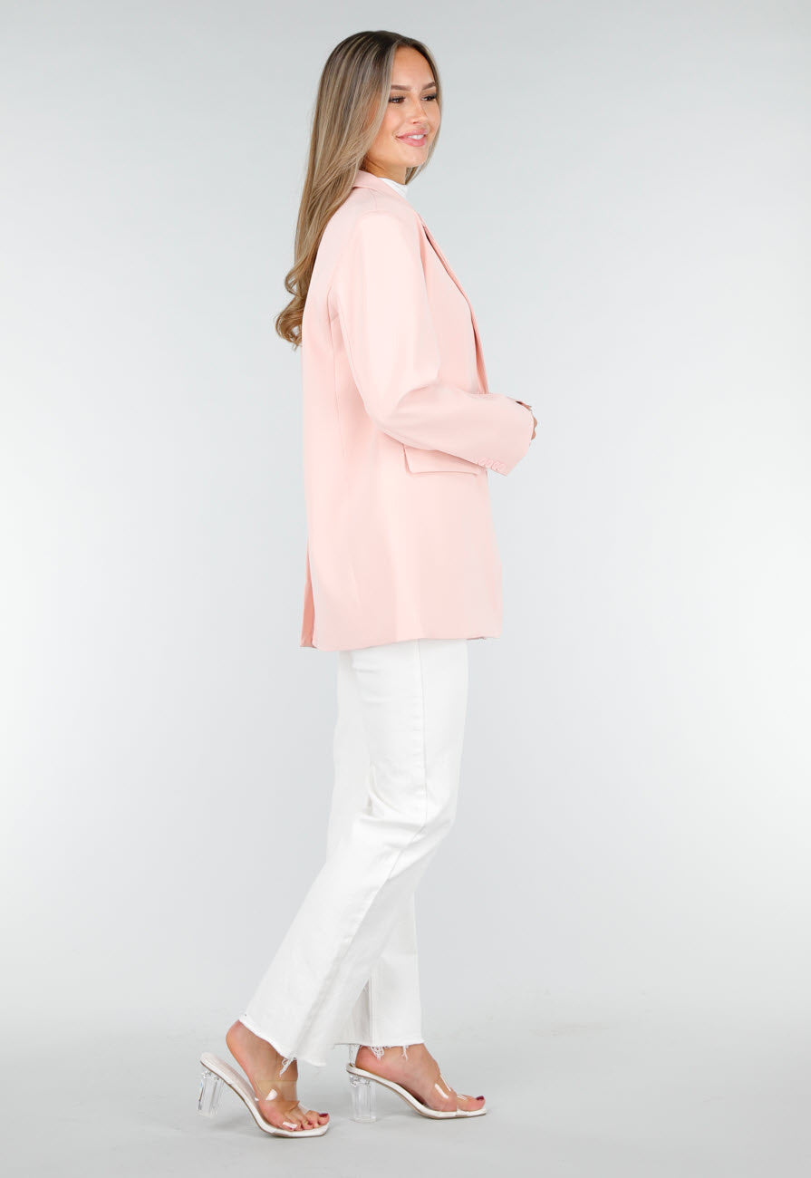 Lichtroze Oversized Blazer met Knoopsluiting en Reverskraag