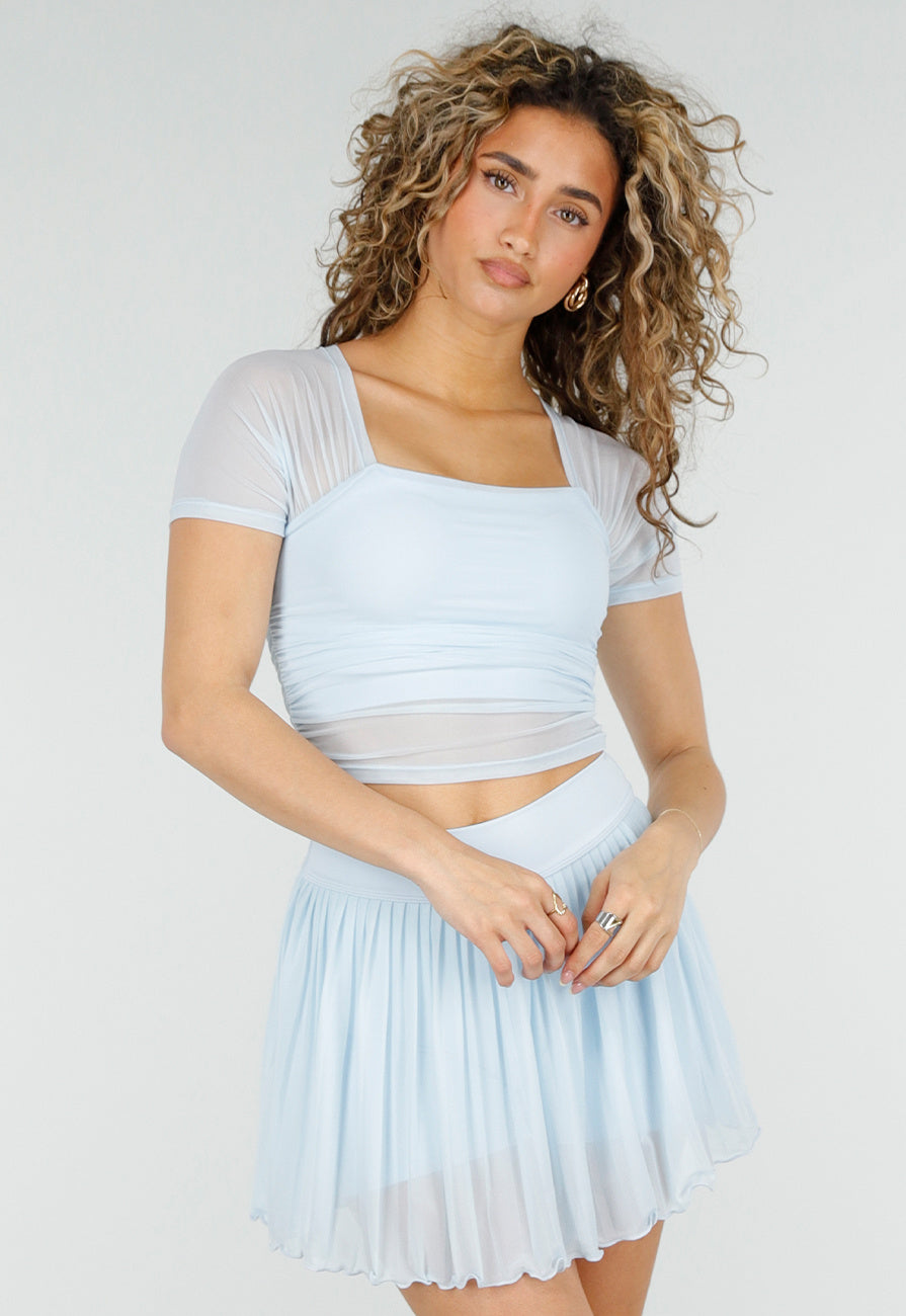 Lichtblauwe Mesh Crop Top met Korte Mouwen en Pads