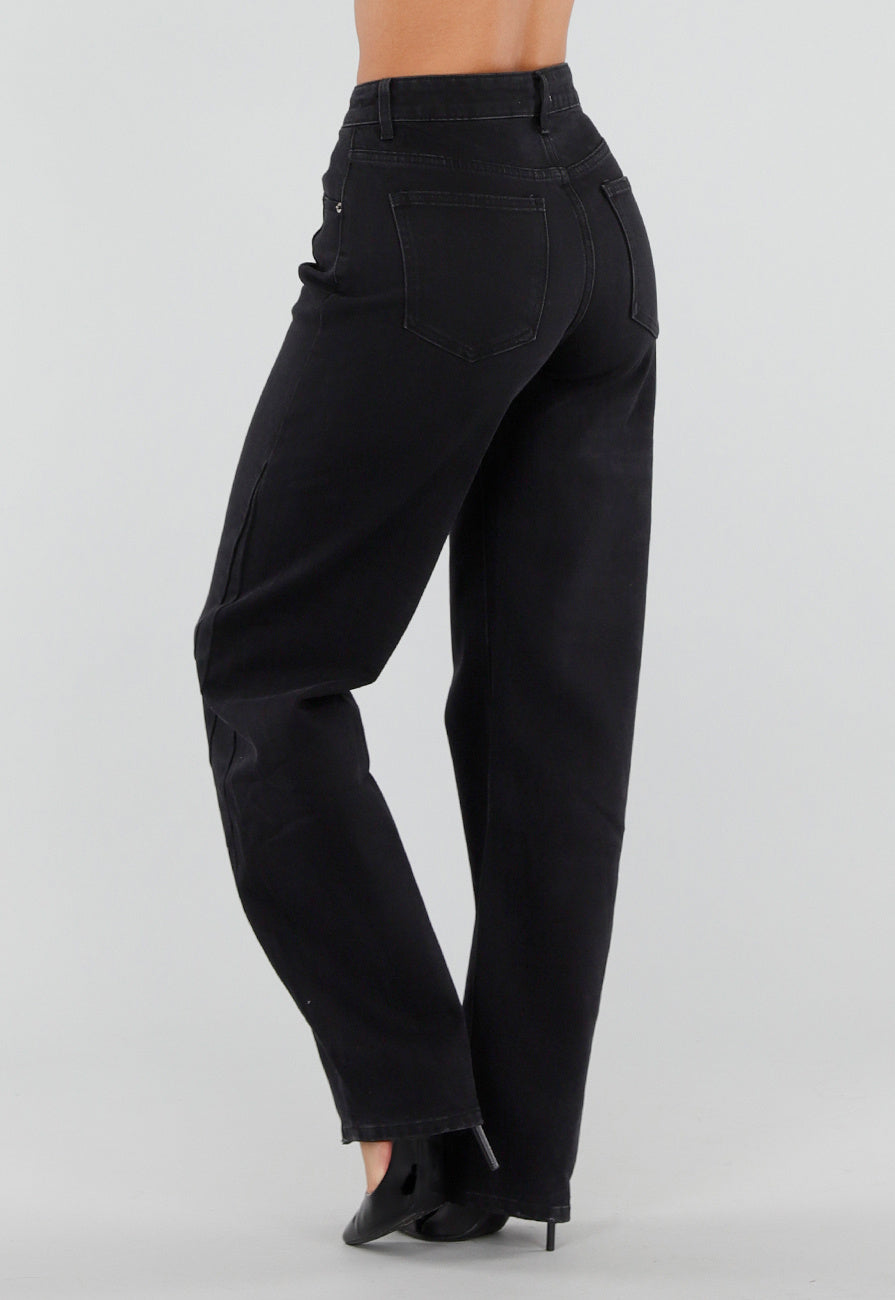 Zwarte Balloon Jeans met Hoge Taille en Lichte Stretch