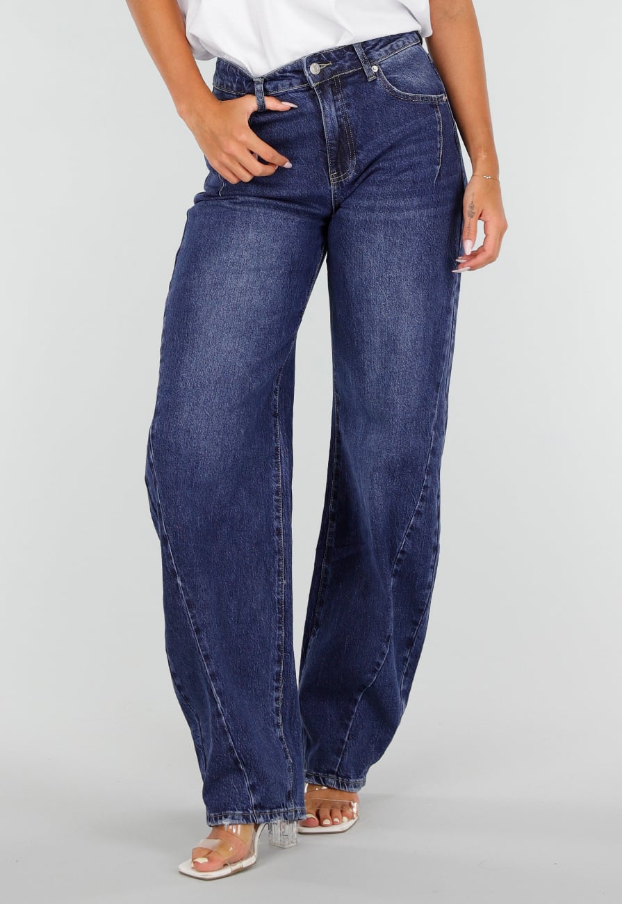 Blauwe Denim Tall Barrel Jeans met Hoge Taille en Lange Pijpen