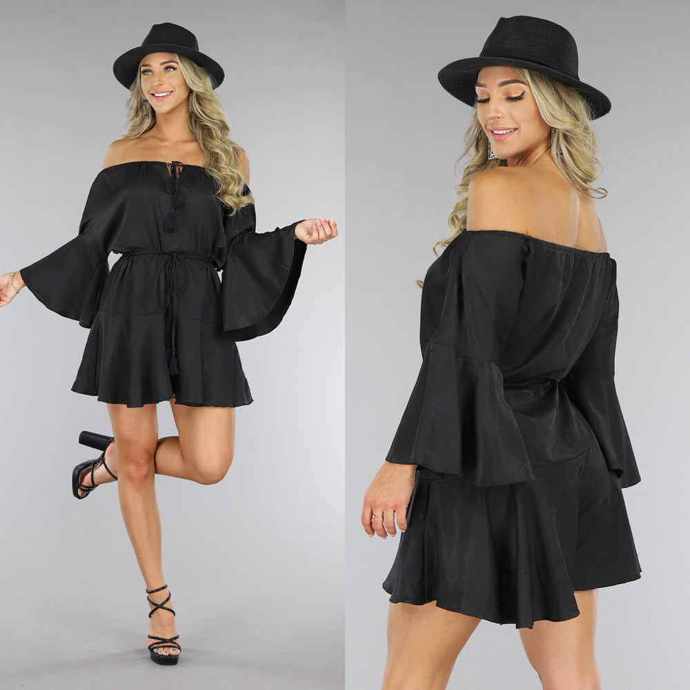 Zwarte Flowy Ibiza Style Off-Shoulder Playsuit