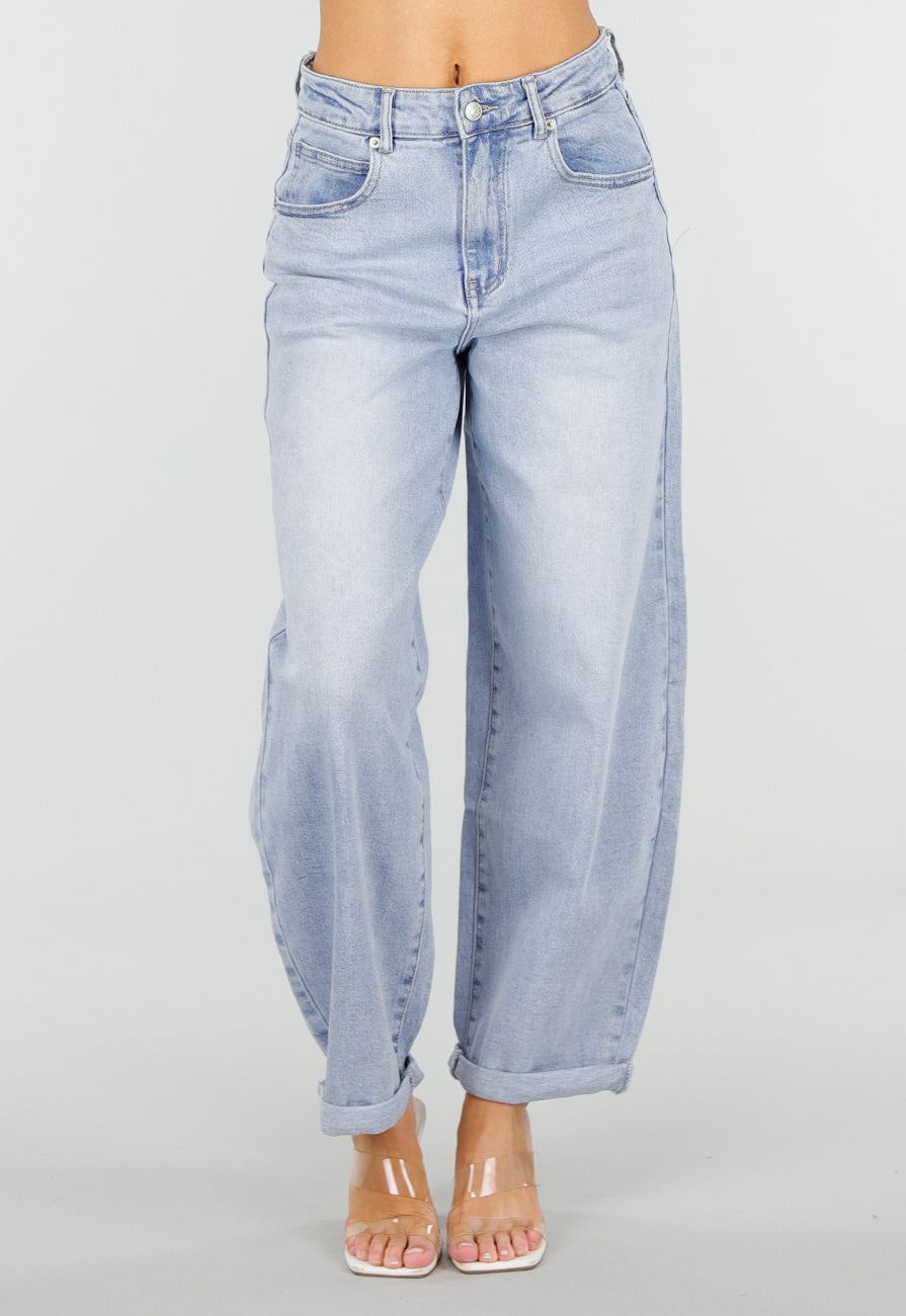 Lichtblauwe Barrel Jeans met Hoge Taille