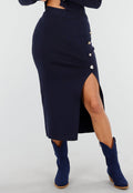 Donkerblauwe Knitted Set met Knopen en Split in de Rok