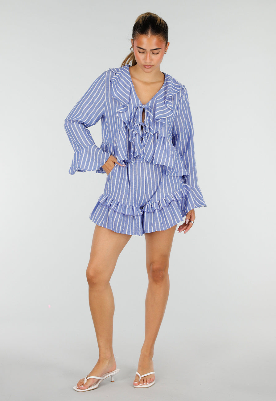 Lila Gestreepte Two Piece Set met Blouse en Rucheshort