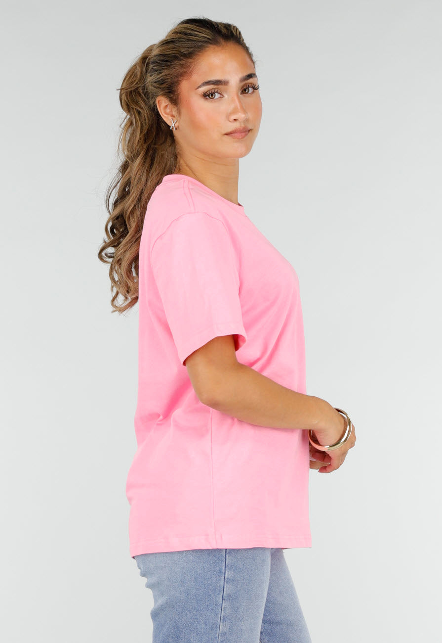 Roze Basic T-Shirt met Ronde Hals en Korte Mouwen