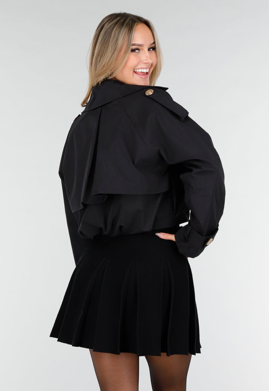 Zwarte Korte Trenchcoat met Knopen en Reverskraag