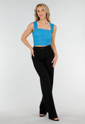 Blauwe Mesh Off Shoulder Top met Stretch en Drapé Effect