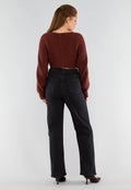 Donkerbruine Gebreide Cropped Trui met V-Hals en Ballonmouwen