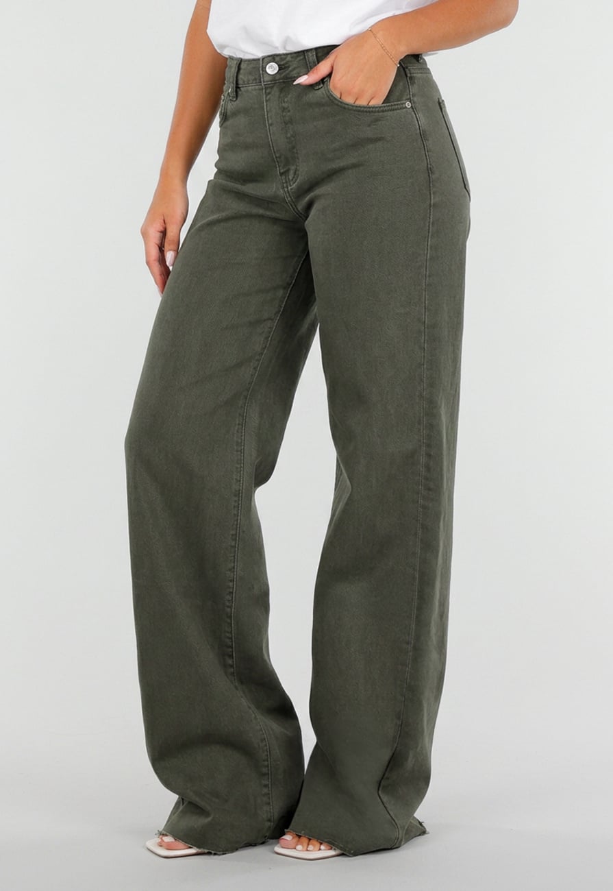 Donkergroene Denim Tall Jeans met Straight Leg, Hoge Taille en Lange Pijpen