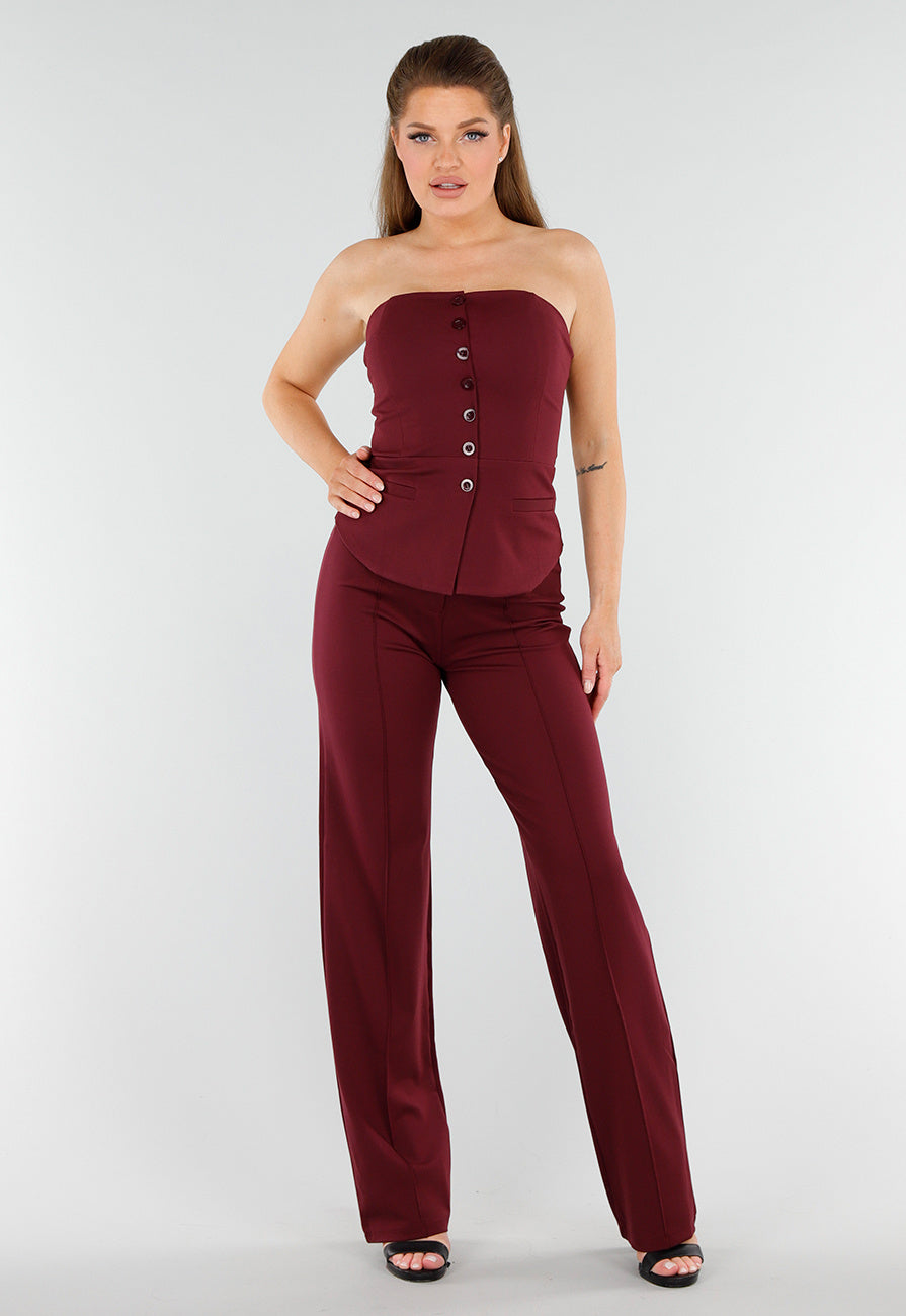 Bordeaux Strapless Korsettop met Knopen en Giletlook