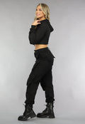 Zwart Cropped Korset Look Vestje met Capuchon
