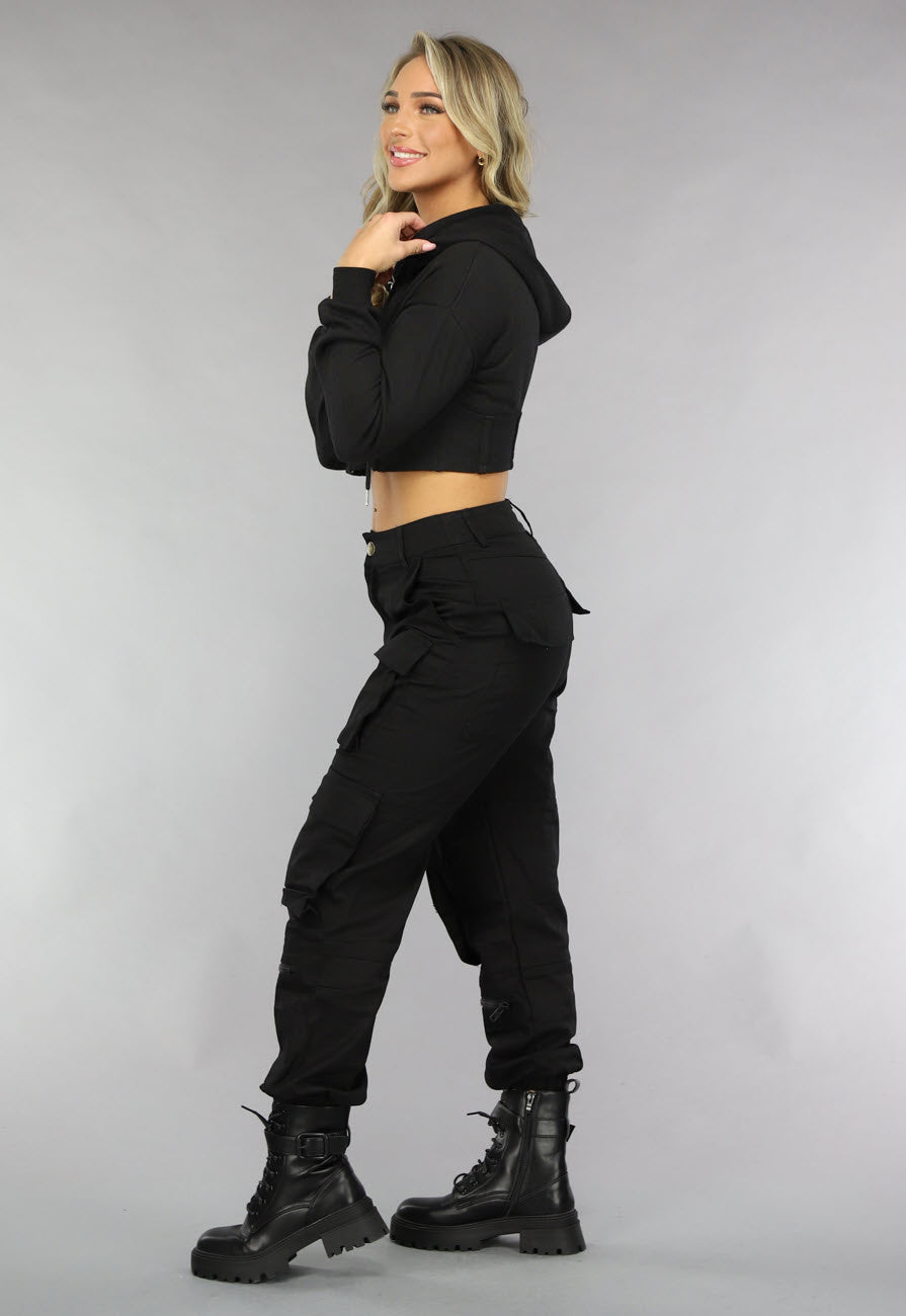 Zwart Cropped Korset Look Vestje met Capuchon