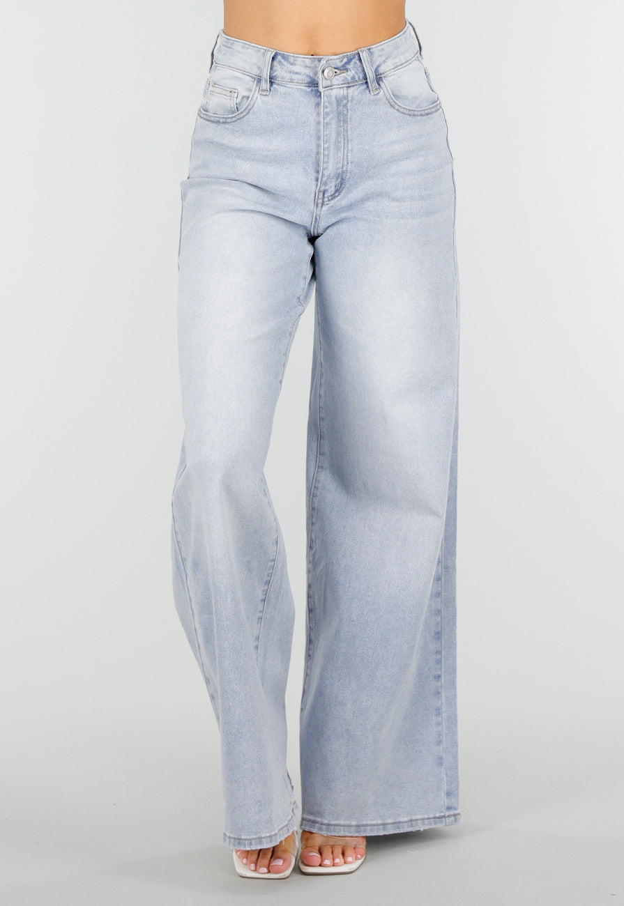 Lichtblauwe Extra Wide Leg Jeans met High Waist en Stretch
