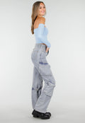 Blauwe Off Shoulder Top met Lange Mouwen en Stretchstof