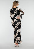Zwarte Lange Jurk met Stretch en Beige Bloemenprint