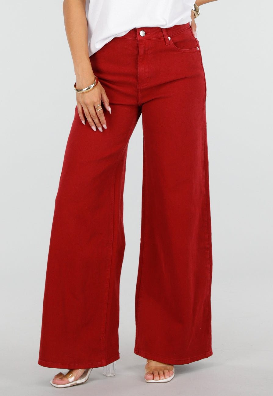 Rode Wide Leg Jeans met Hoge Taille en Lichte Stretch