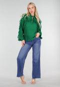 Groene Chiffon Blouse met Ruches en Strikdetail