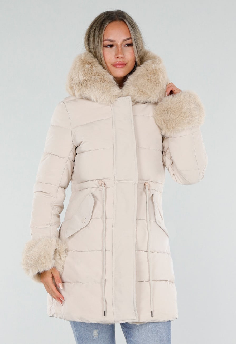 Beige Gewatteerde Winterjas met Afneembare Bontdetails