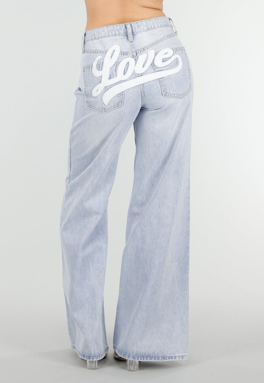 Lichtblauwe Wide Leg Jeans met Backprint en Stretch