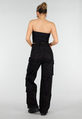 Zwarte Cargo Broek met Strass Details en Rechte Pijpen