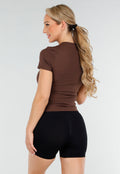 Bruine Sporttop met Ronde Hals, Korte Mouwen en Stretch