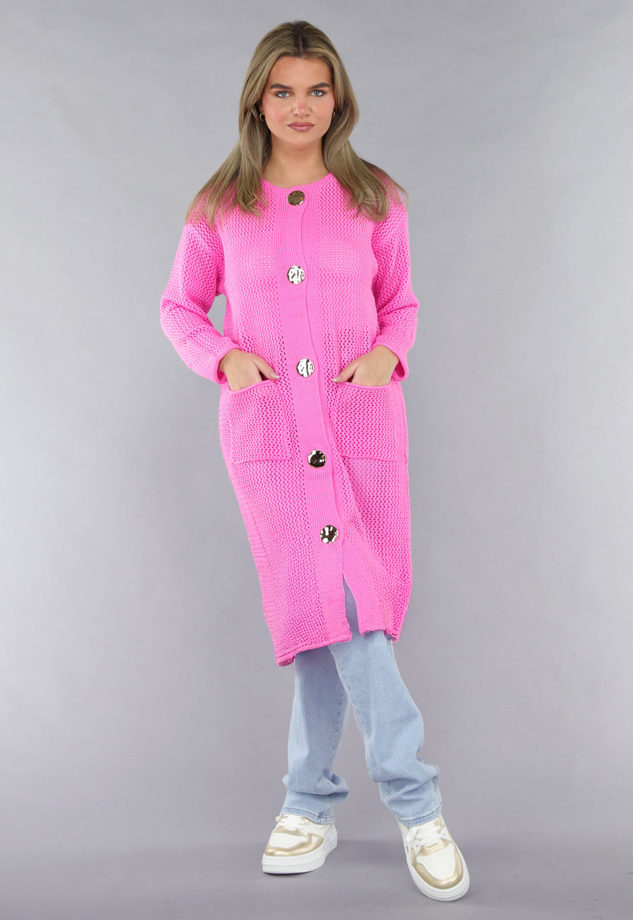 Felroze Oversized Gebreide Cardigan met Gouden Knopen