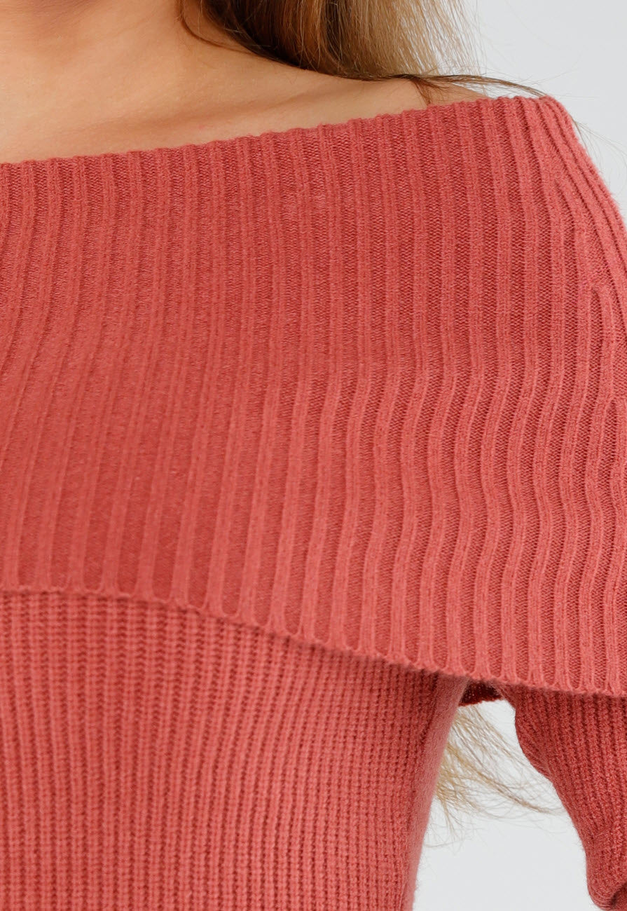 Terracotta Off Shoulder Gebreide Trui met Uitlopende Mouwen