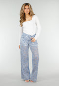 Lichtblauwe Wide Leg Jeans met See-Through Bloemenprint en Stretch