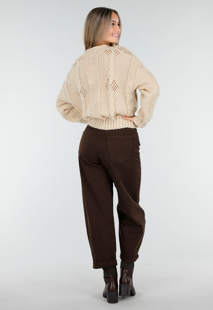 Vest met V-Hals en Lange Mouwen in Beige