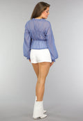 Blauwe See Through Blouse met Pofmouwen