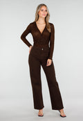 Bruine Glitter Body met Lange Mouwen en V-Hals