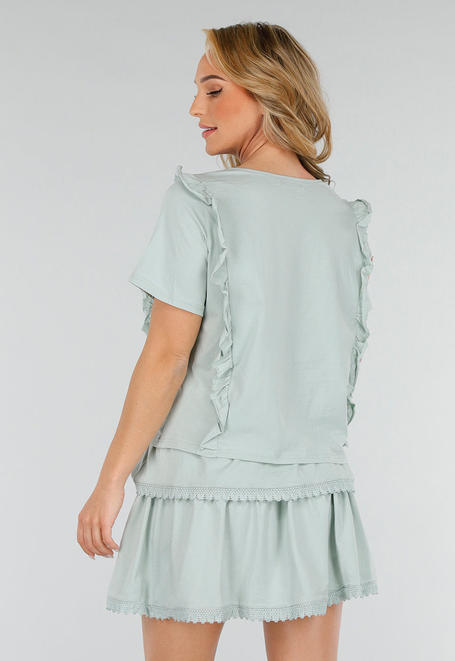 Mintgroene Two Piece Set met Ruches en Embroidery details