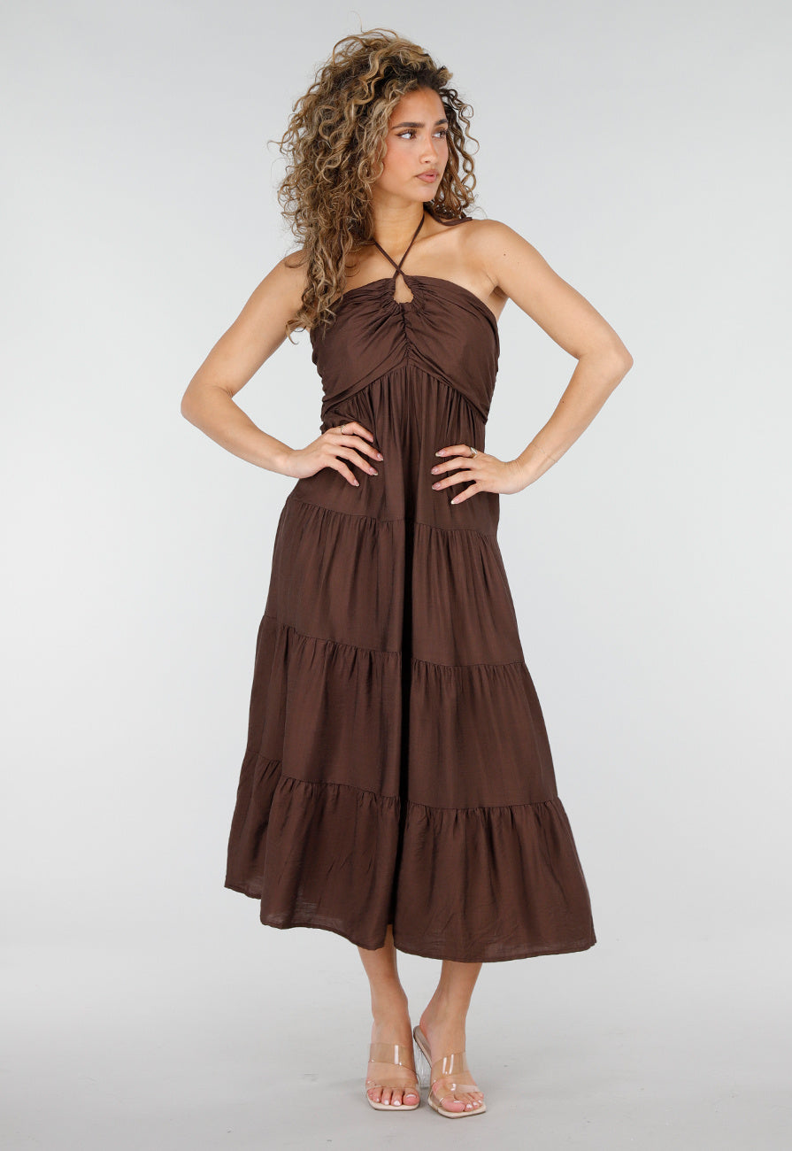 Bruine Halter Midi Jurk met Open Rug