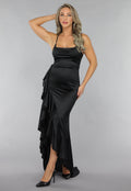 Zwarte Ruffle Avondjurk in Zwart Satin