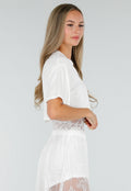 Witte Crop Top met Korte Mouwen en Vaste Kanten Rand