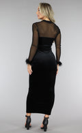 Zwarte Velvet Korset Look Jurk met Veren