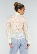 Lichtgele Transparante Kanten Blouse met Strikkraag en Lange Mouwen